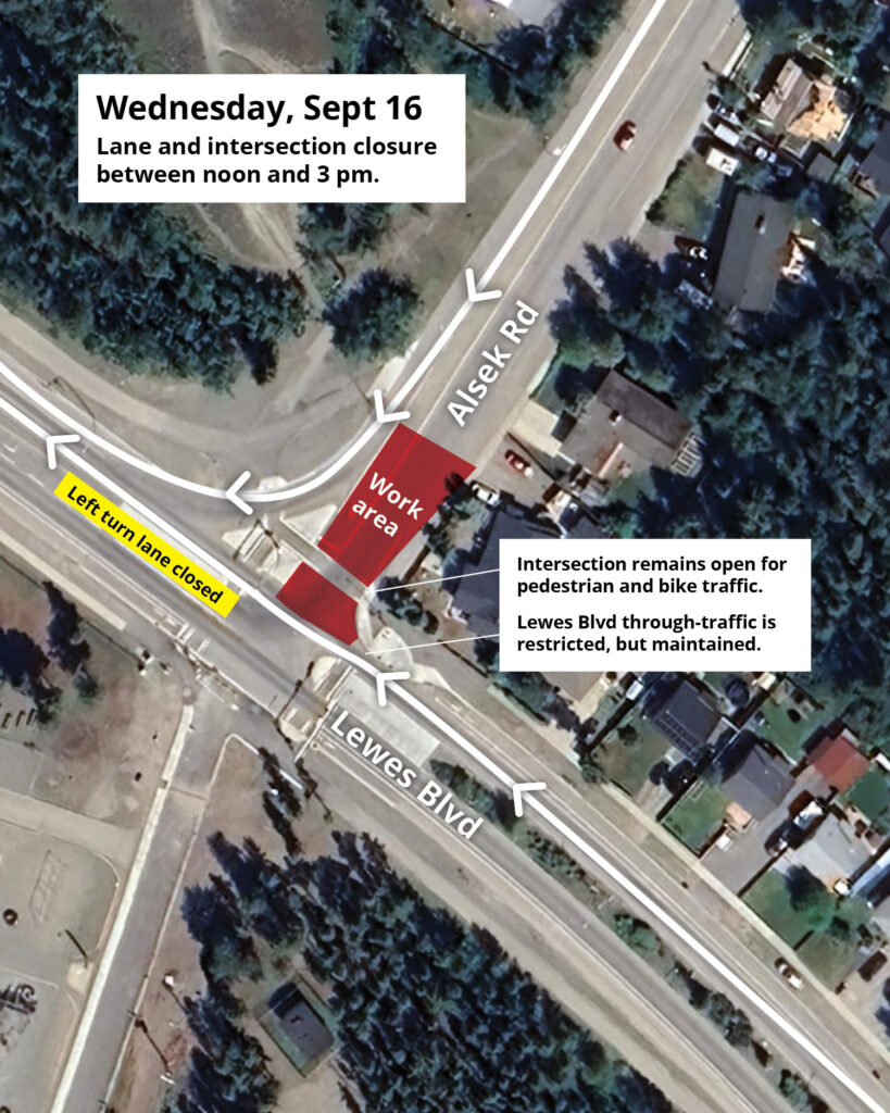 Traffic advisory Lewes Boulevard and Alsek Road September 16